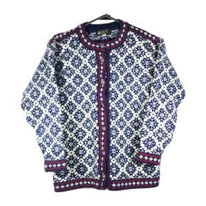 Apleks Women's Sz XS 100% Wool Blue Fair Isle Nordic Design Cardigan Sweater